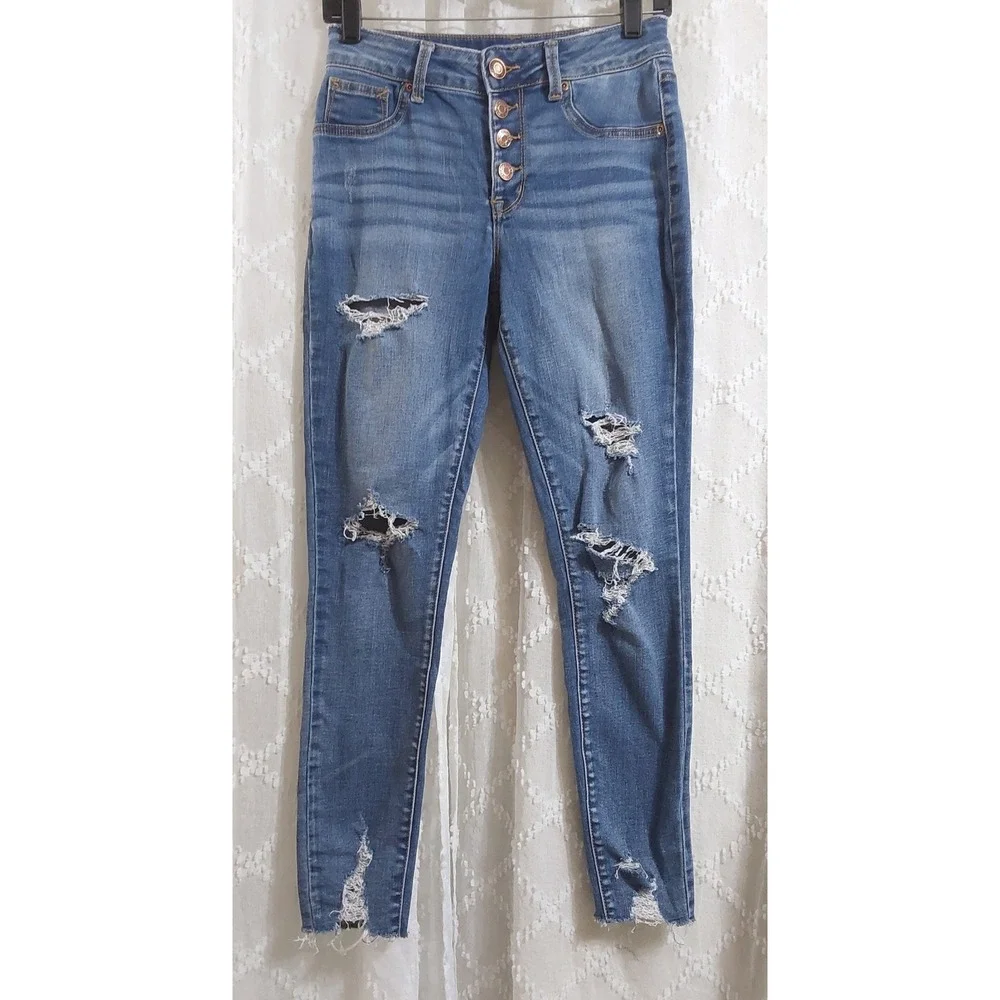 Maurices High Rise Distressed Skinny Jeans Blue Button Fly XS Short